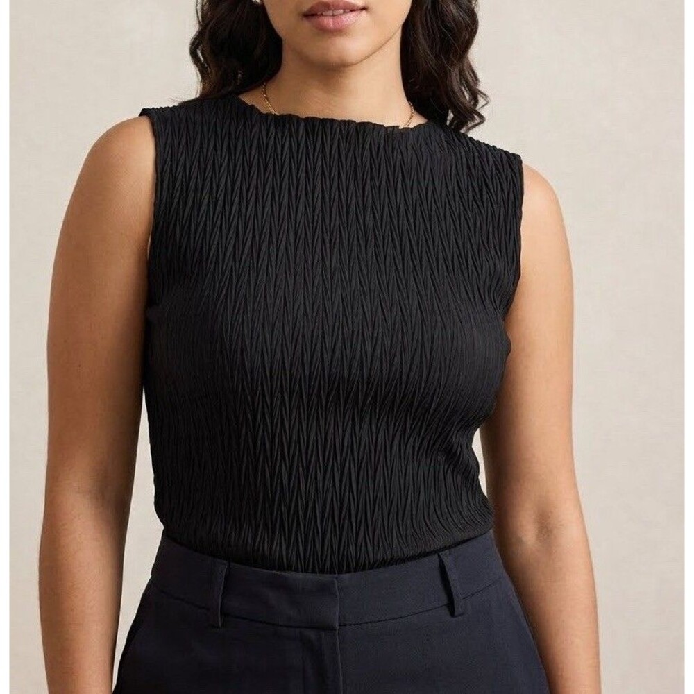 MAGIC 1X Women Black Plisse Crinkle Sleeveless Tank Top Blouse Textured Knit